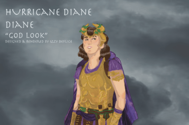 Digital drawing of final costume design with gold crown, gold chest armor, and purple skirt and cape.