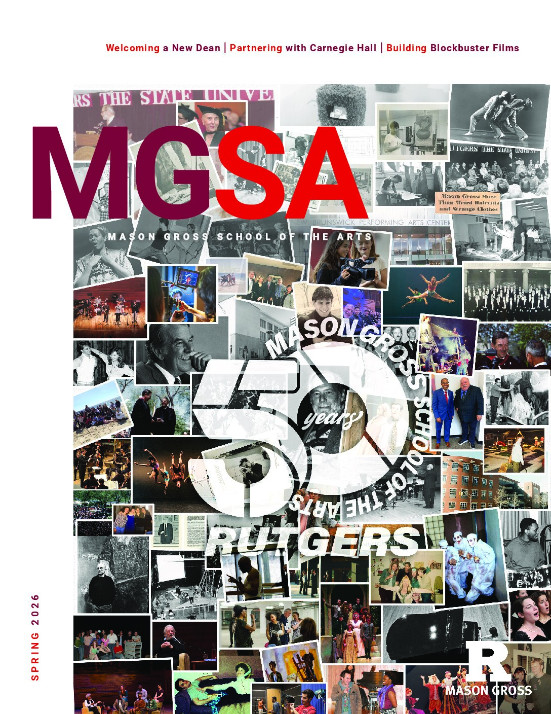 MGSA Magazine 2026 CoverFINAL Mason Gross magazine cover 50th anniversary various photos from five decades